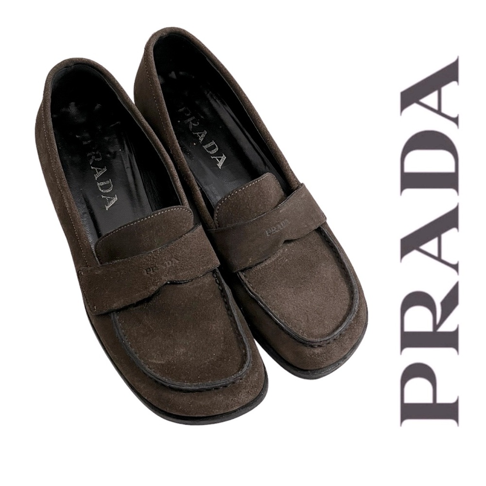 Prada Suede Alicante Brown Logo Flat Loafers 36